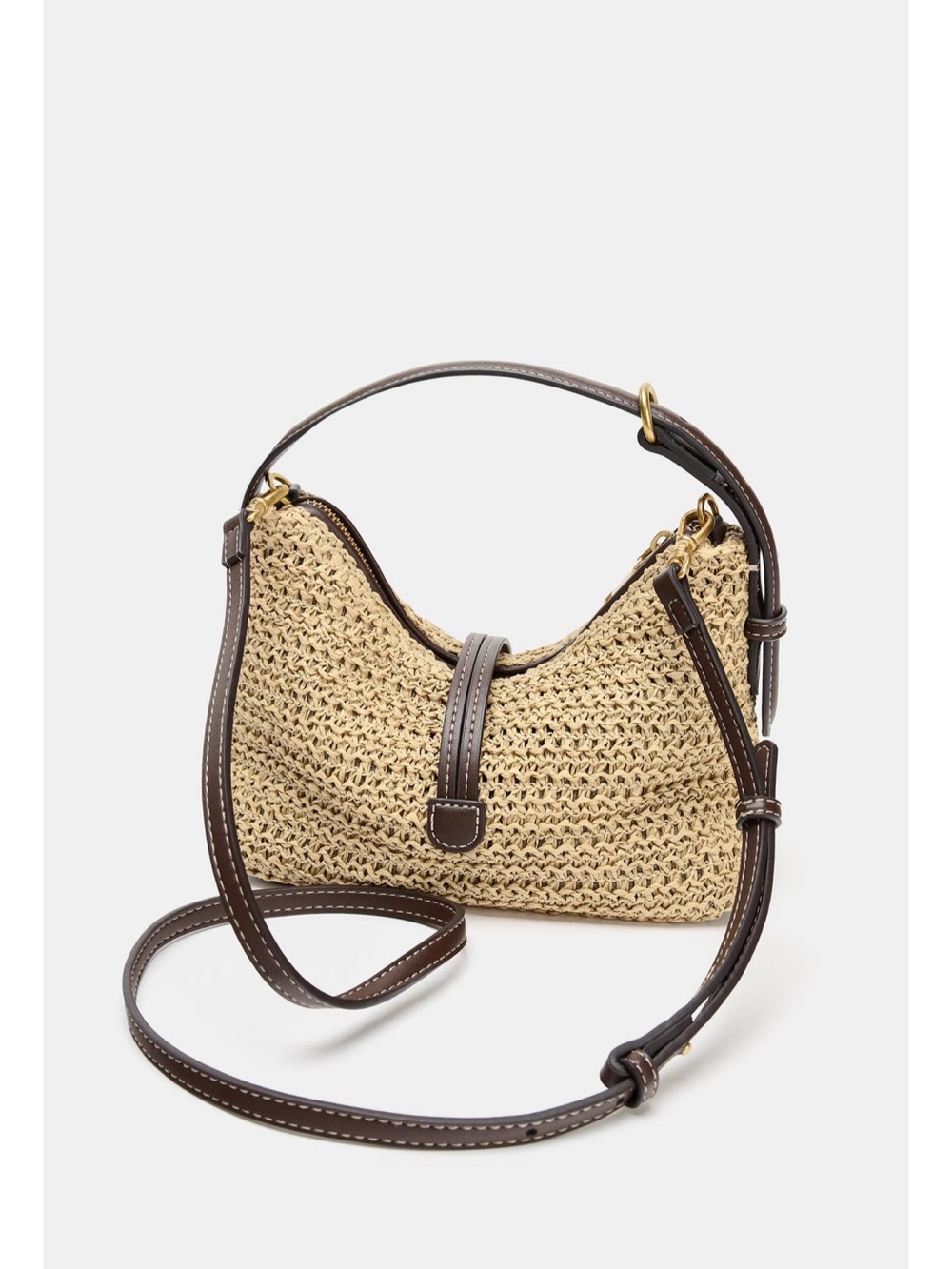 Zara Woven Straw Crossbody with Dark Brown Trim